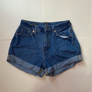 Cuffed High-Waisted Mom Jean Shorts with yellow “Happy” embroidery on bum